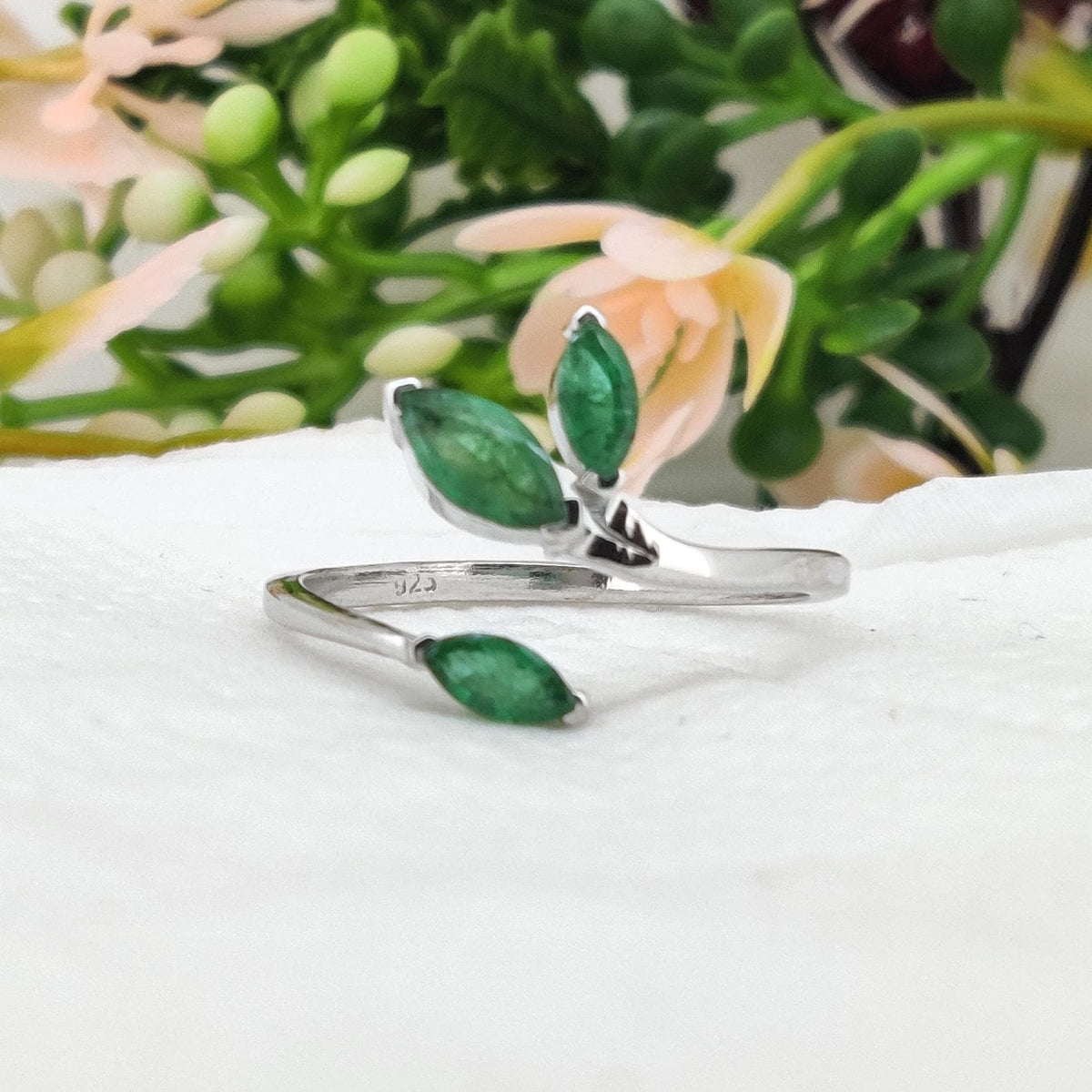Natural Emerald Marquise Sterling Silver Bypass Ring, May Birthstone Gift