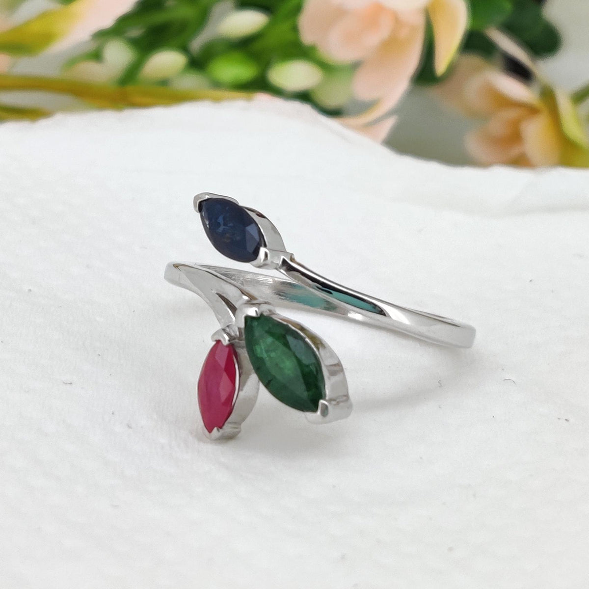 Sterling Silver Marquise Gemstone Ring, Ruby Emerald Sapphire Three Stone Open Ring