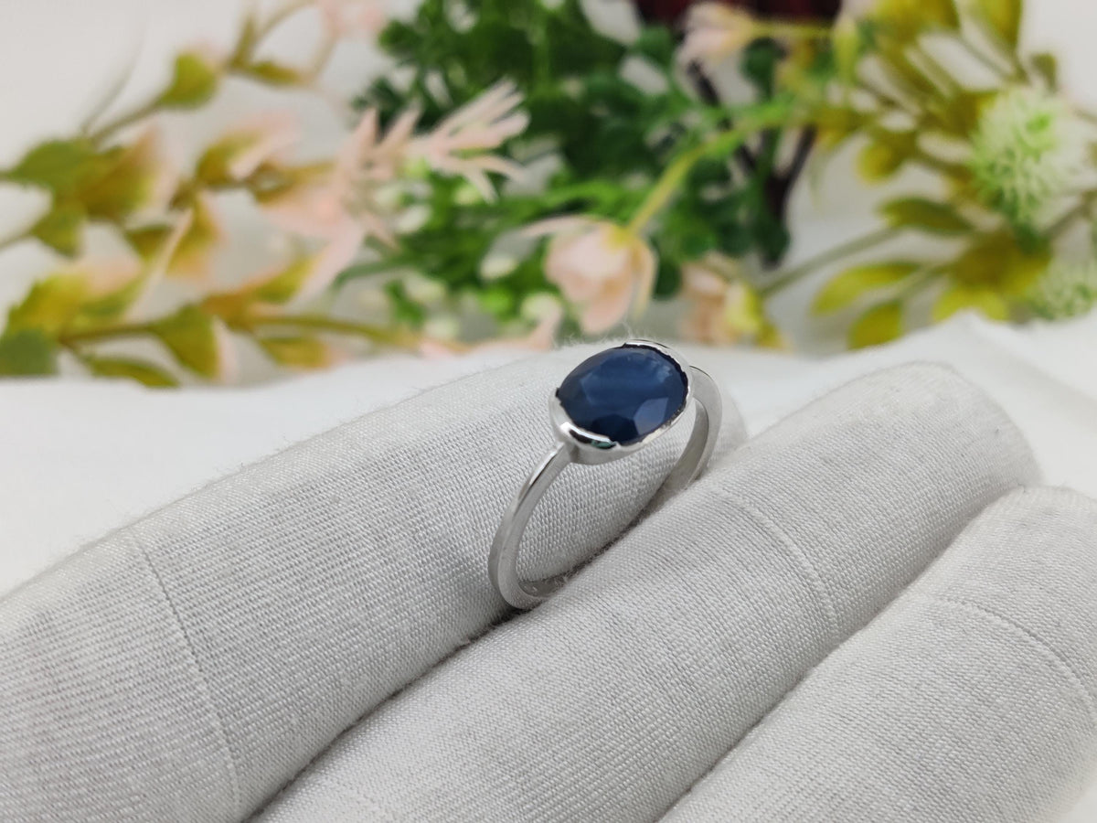 Oval Blue Sapphire Bezel Set Ring, Sterling Silver, September Birthstone, Minimalist Jewelry