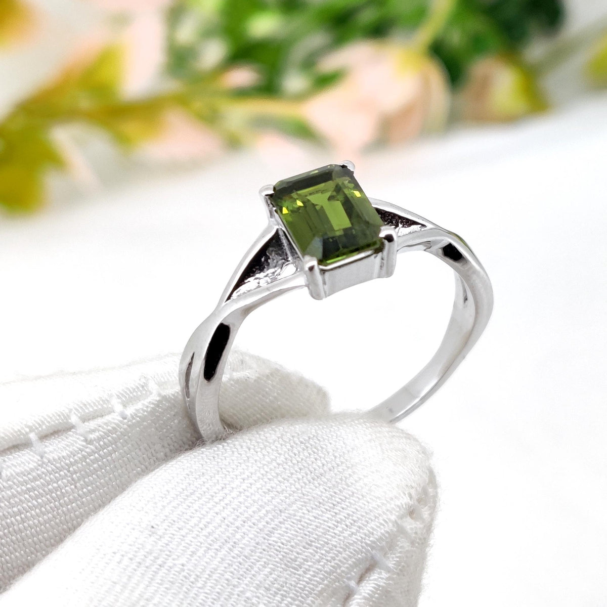 Green Sapphire Ring, Octagon Cut, Sterling Silver Promise Ring