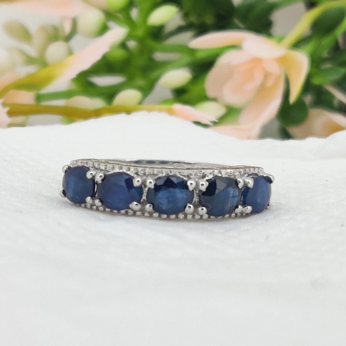 Blue Sapphire Sterling Silver Band Ring, Oval Sapphire Half Eternity, Handmade Jewelry