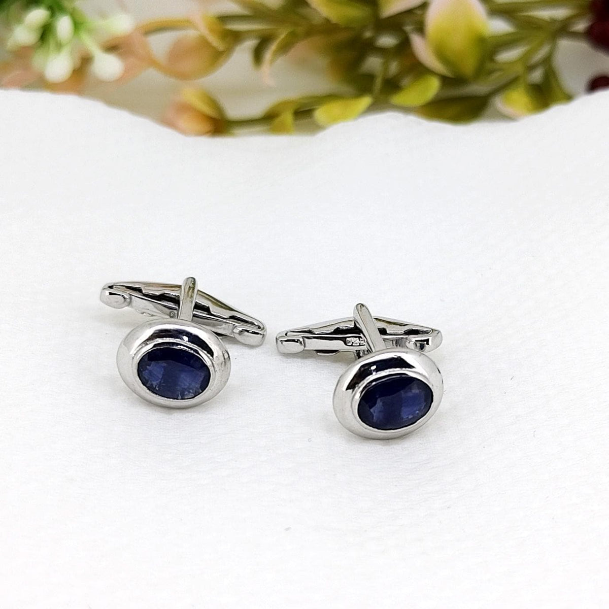 Blue Sapphire Cufflinks, Sterling Silver, Oval Gemstone, September Birthstone
