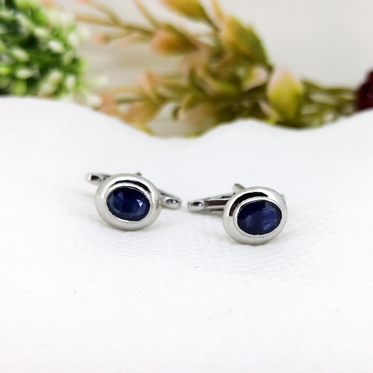 Blue Sapphire Cufflinks, Sterling Silver, Oval Gemstone, September Birthstone