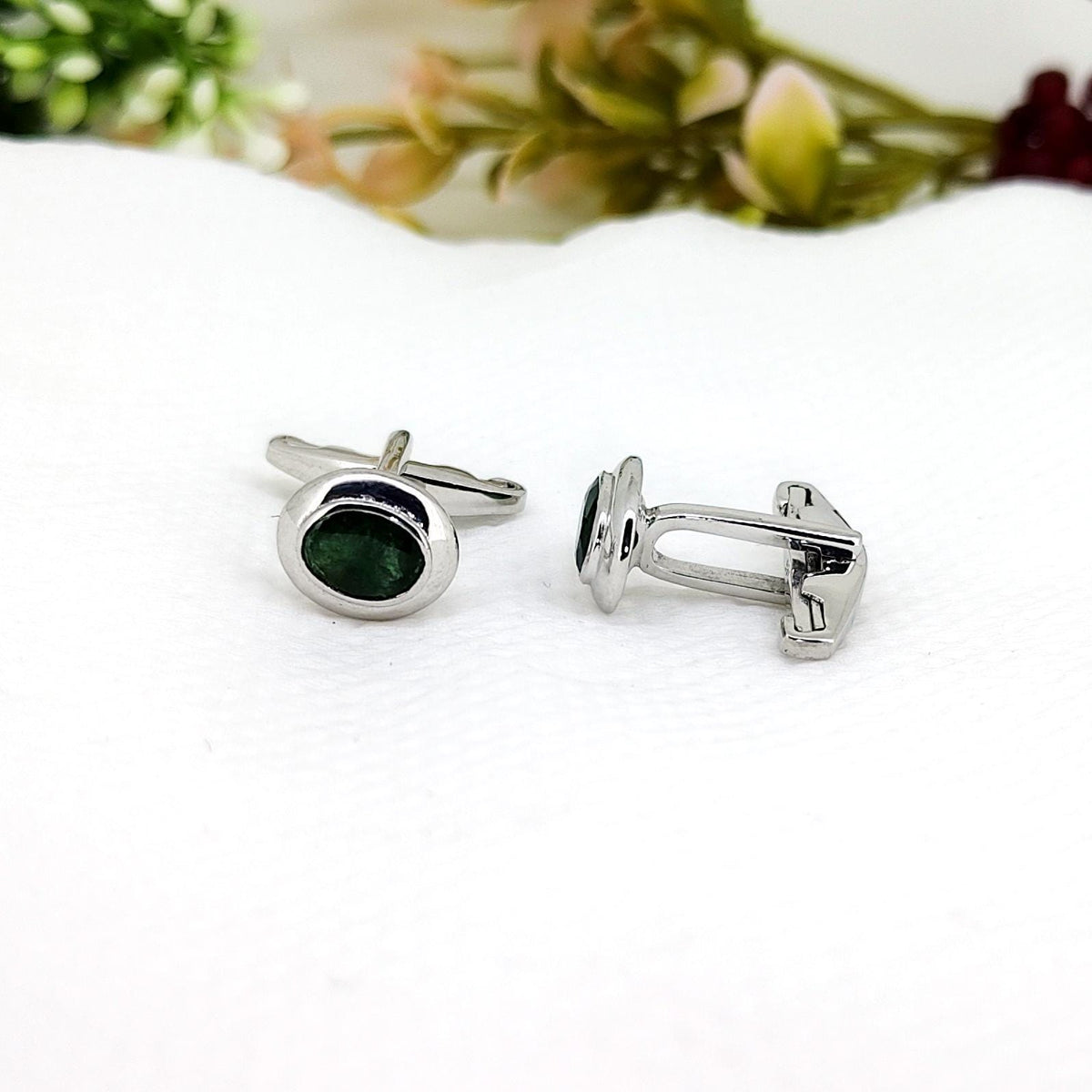 Emerald Cufflinks, Sterling Silver, Oval Cut Gemstone, Anniversary Gift-Men's Accessories, Gift for Him-Her