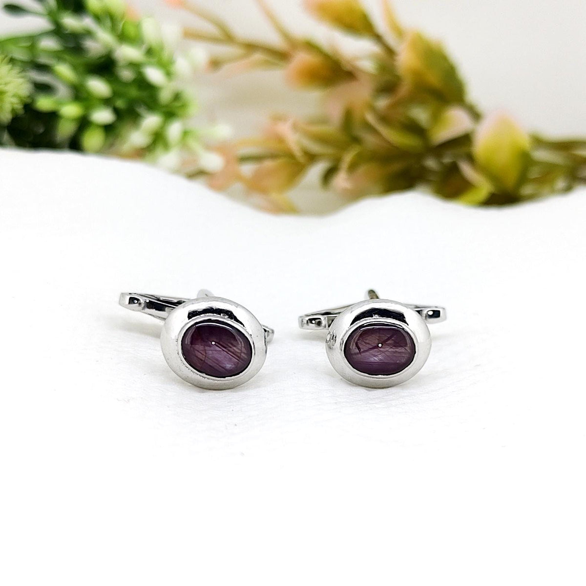 Handmade Ruby Star Cufflinks, Sterling Silver Oval Gemstone