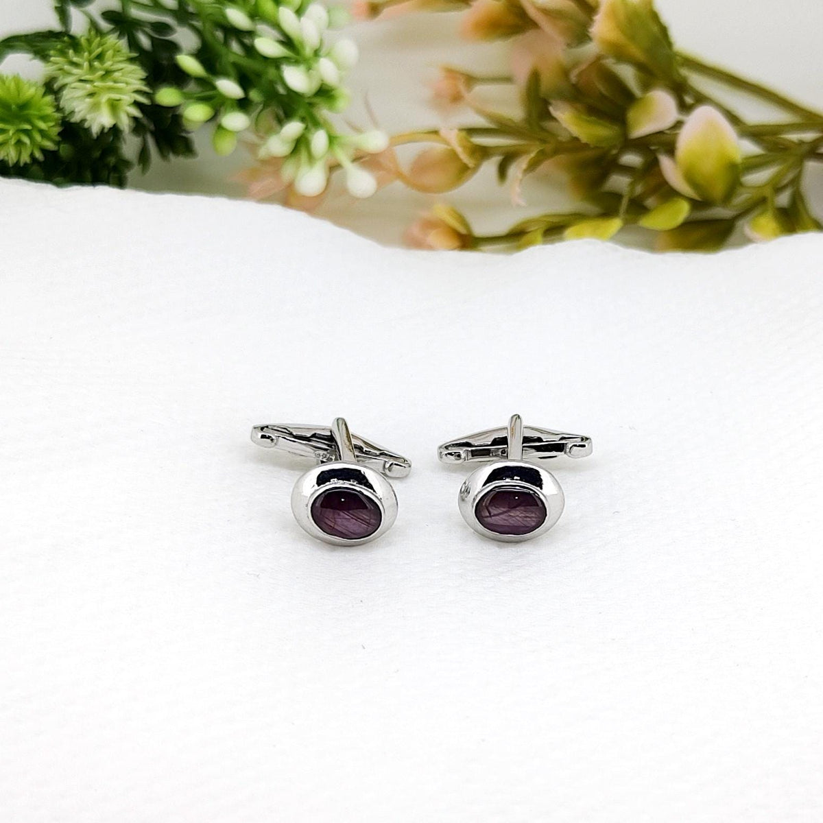 Handmade Ruby Star Cufflinks, Sterling Silver Oval Gemstone