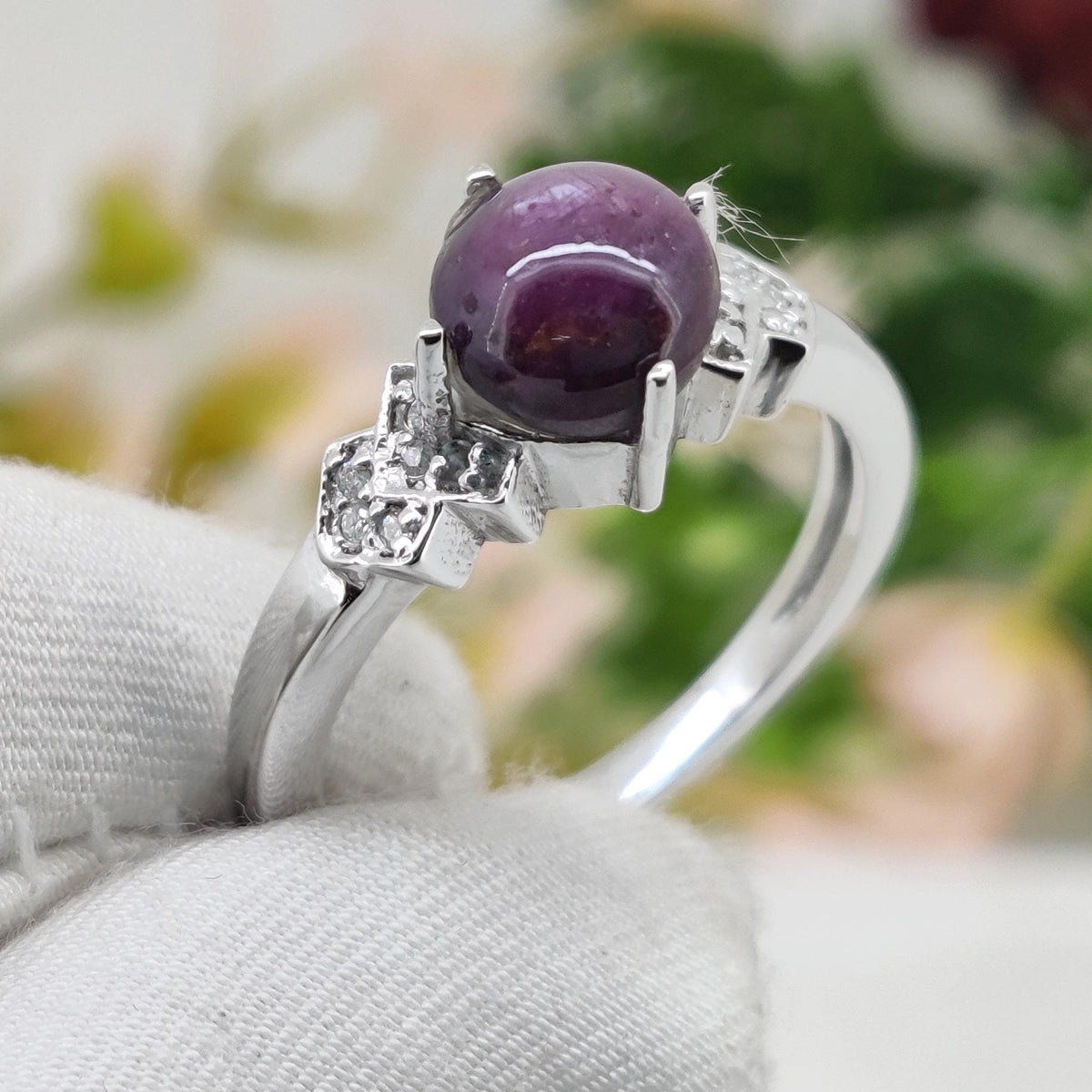 Star Ruby Ring, Sterling Silver, Minimalist Natural Gemstone Band, Dainty Cabs Jewelry, Birthday Gift