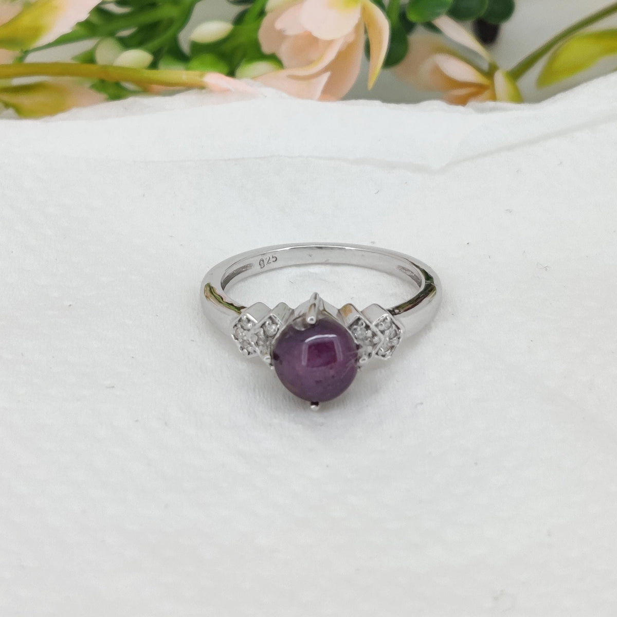 Star Ruby Ring, Sterling Silver, Minimalist Natural Gemstone Band, Dainty Cabs Jewelry, Birthday Gift