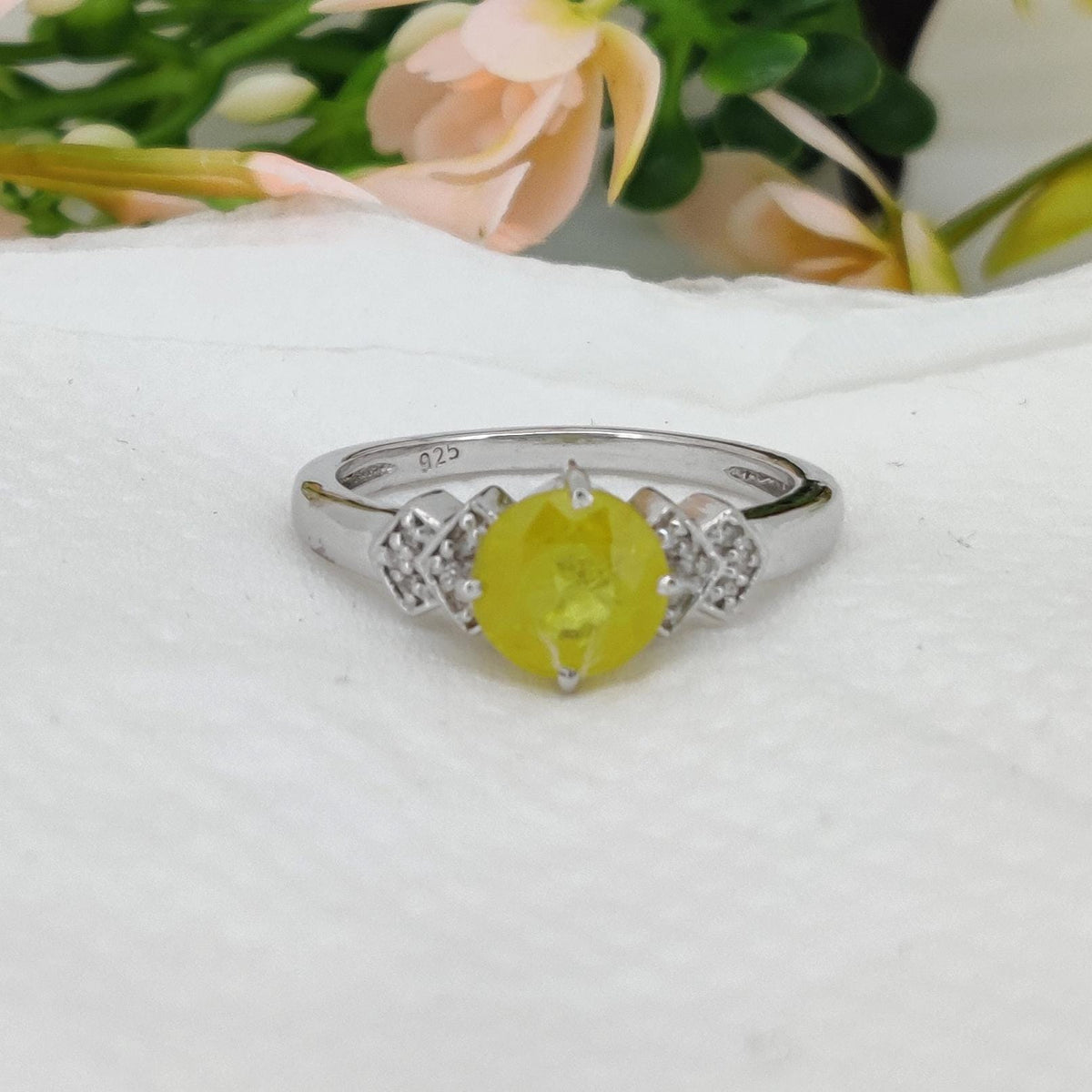 Yellow Sapphire Ring, Round Cut, 925 Sterling Silver, September Birthstone