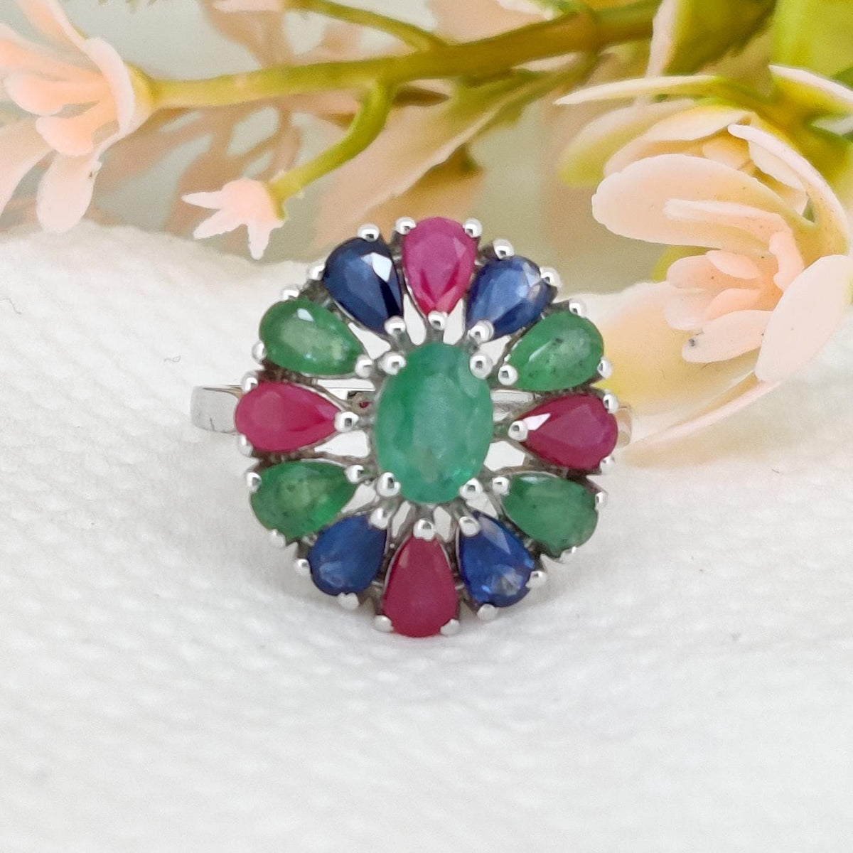 Natural Ruby Emerald Sapphire Ring, 925 Sterling Silver, Multi Stone Jewelry, Handmade Gemstone Birthday