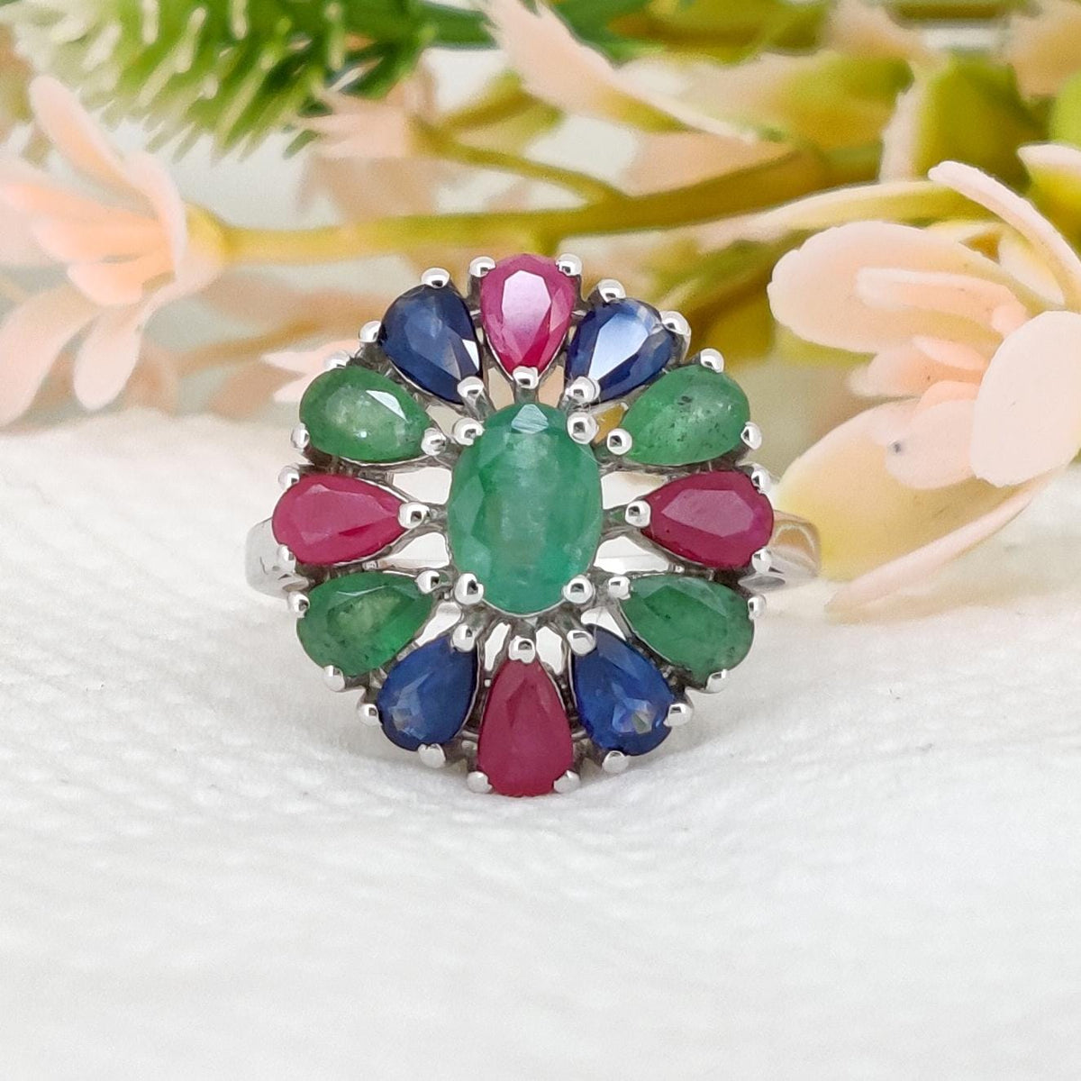 Natural Ruby Emerald Sapphire Ring, 925 Sterling Silver, Multi Stone Jewelry, Handmade Gemstone Birthday