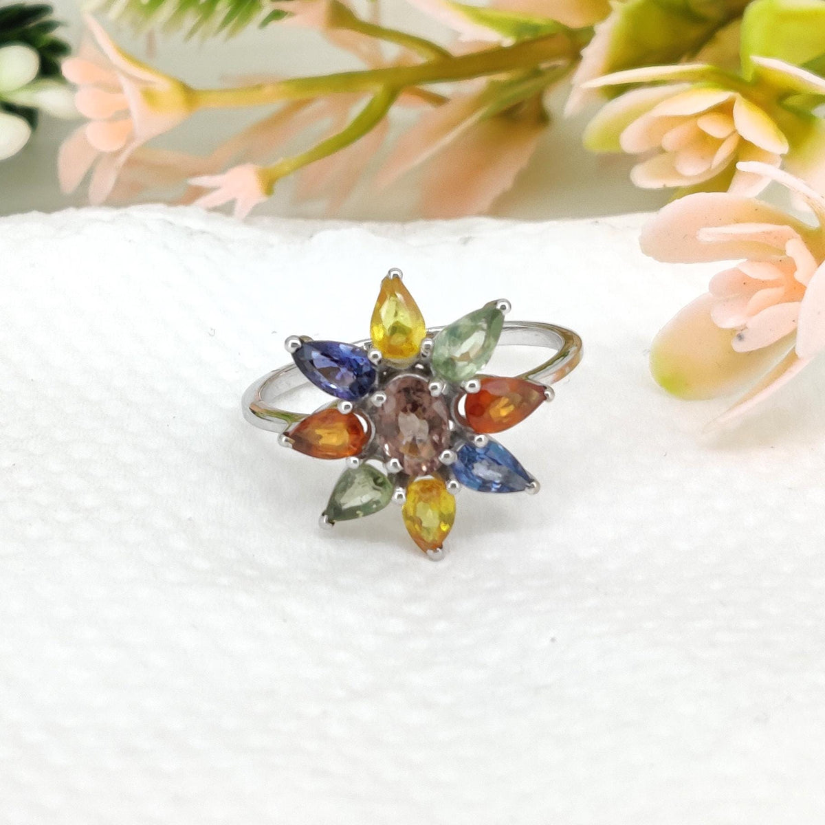 Multi Sapphire Silver Ring, Colorful Sapphire Band Jewelry, Handmade September Birthstone Gift