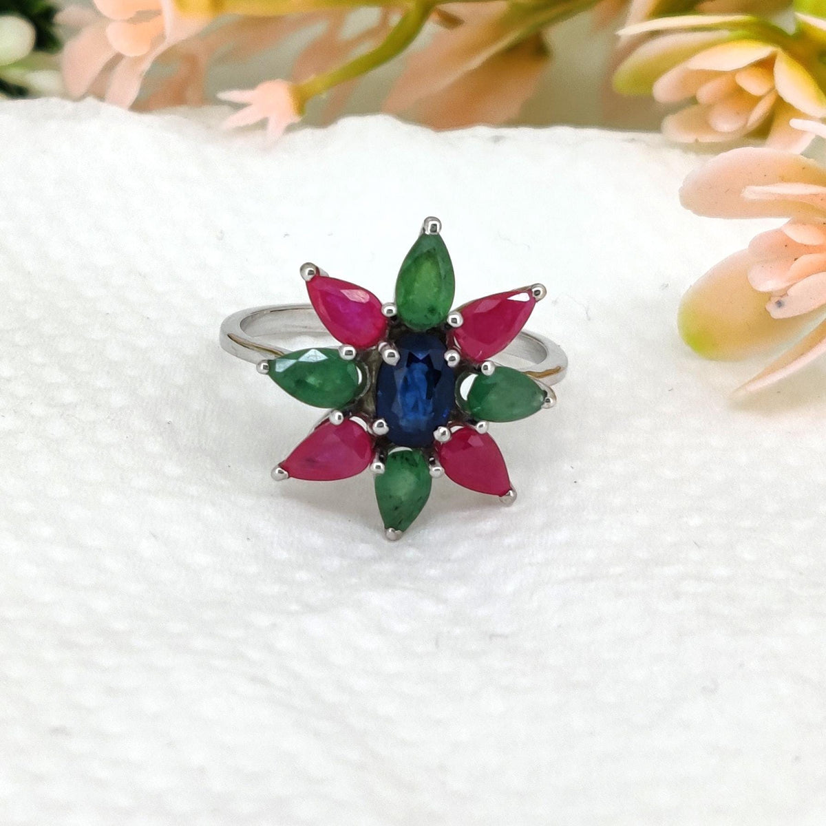 Multi Stone Ring, Ruby Emerald Sapphire Ring, Sterling Silver Band, Birthstone Gift
