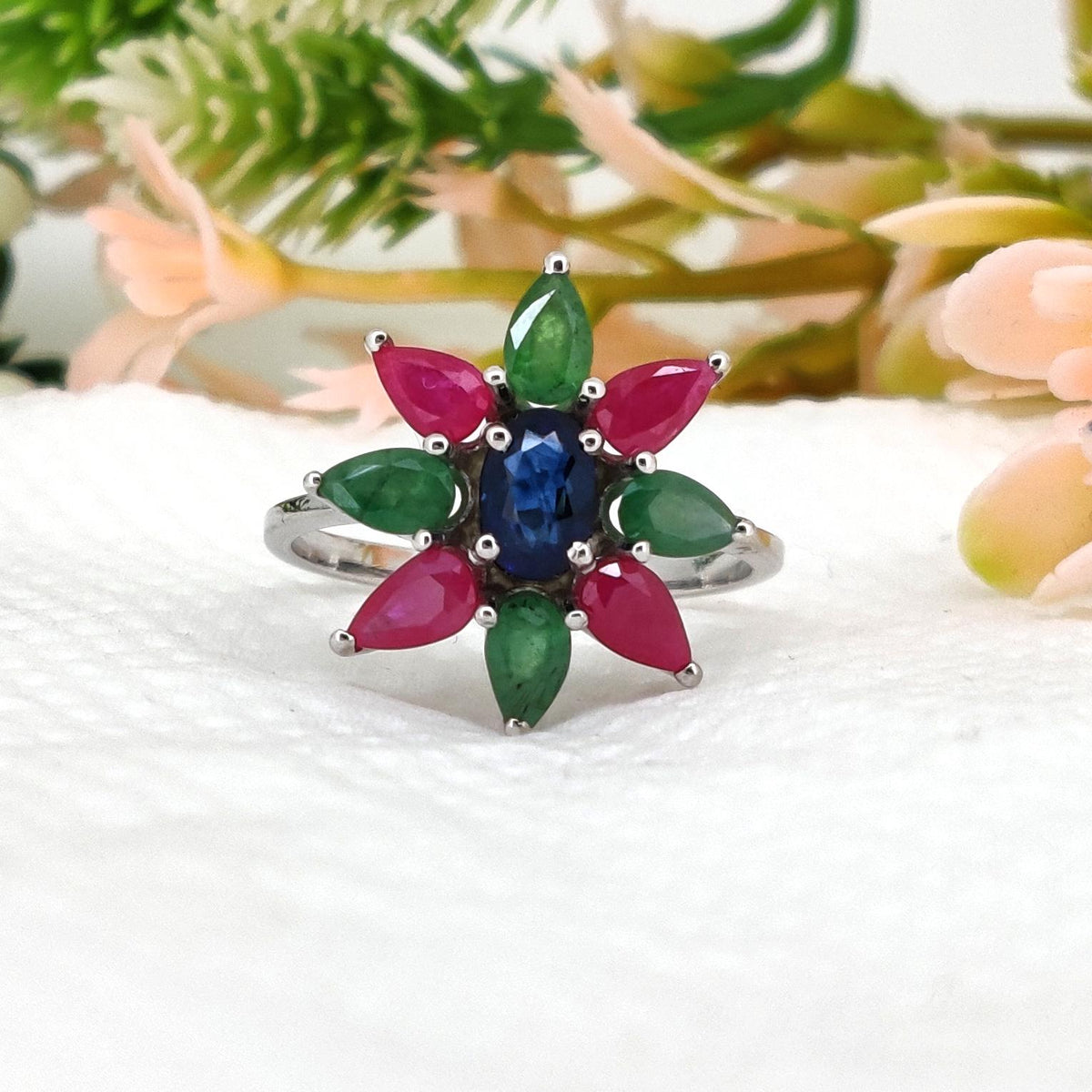 Multi Stone Ring, Ruby Emerald Sapphire Ring, Sterling Silver Band, Birthstone Gift