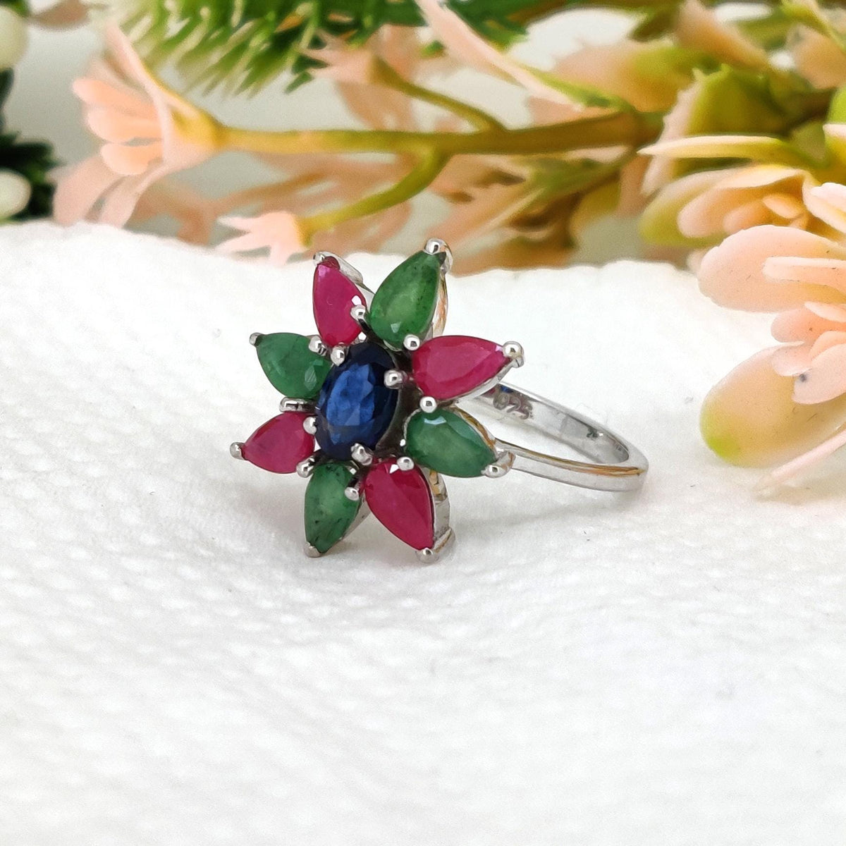Multi Stone Ring, Ruby Emerald Sapphire Ring, Sterling Silver Band, Birthstone Gift