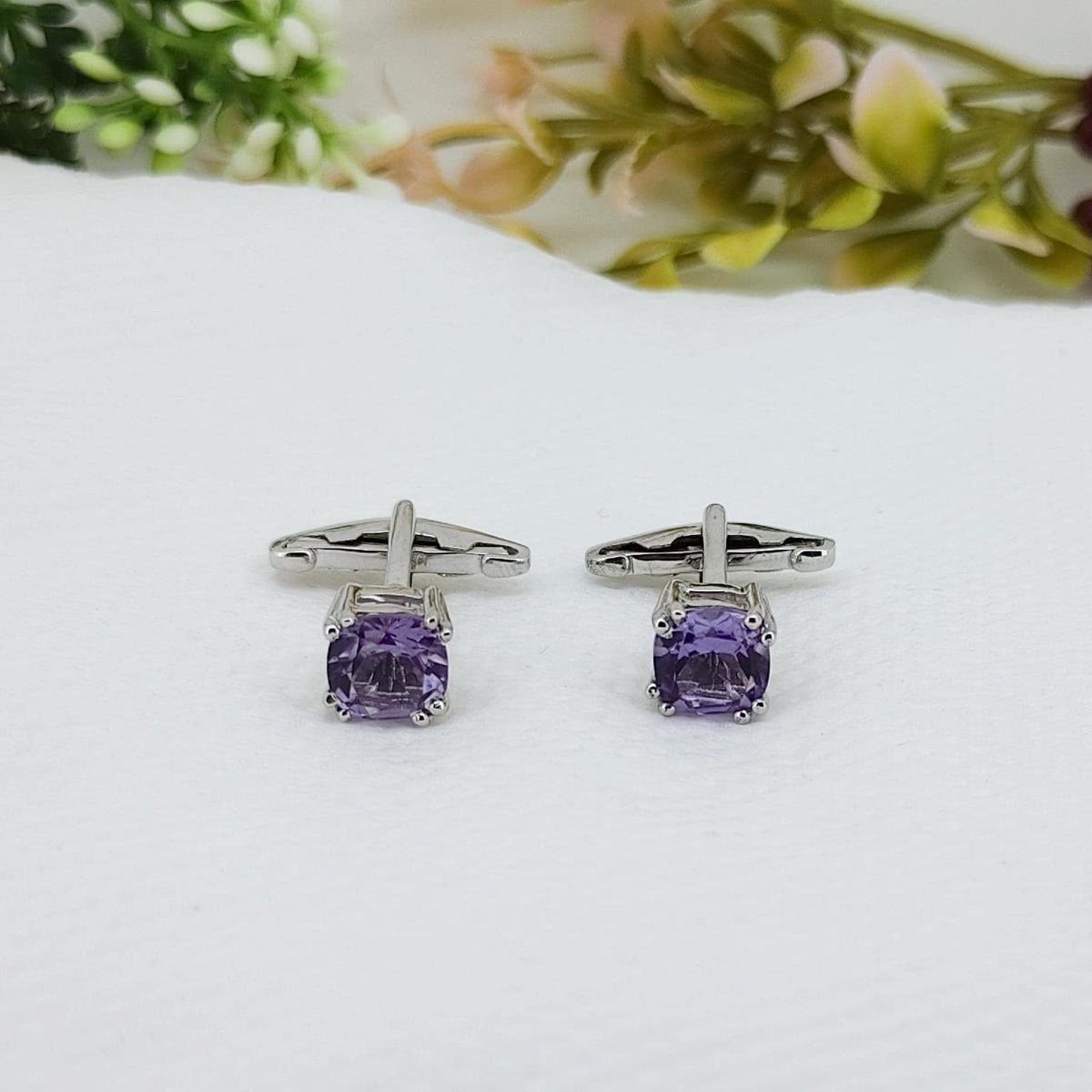 Purple Amethyst Sterling Silver Cufflinks, Cushion Cut Gemstone, February Birthstone, Groom Gift