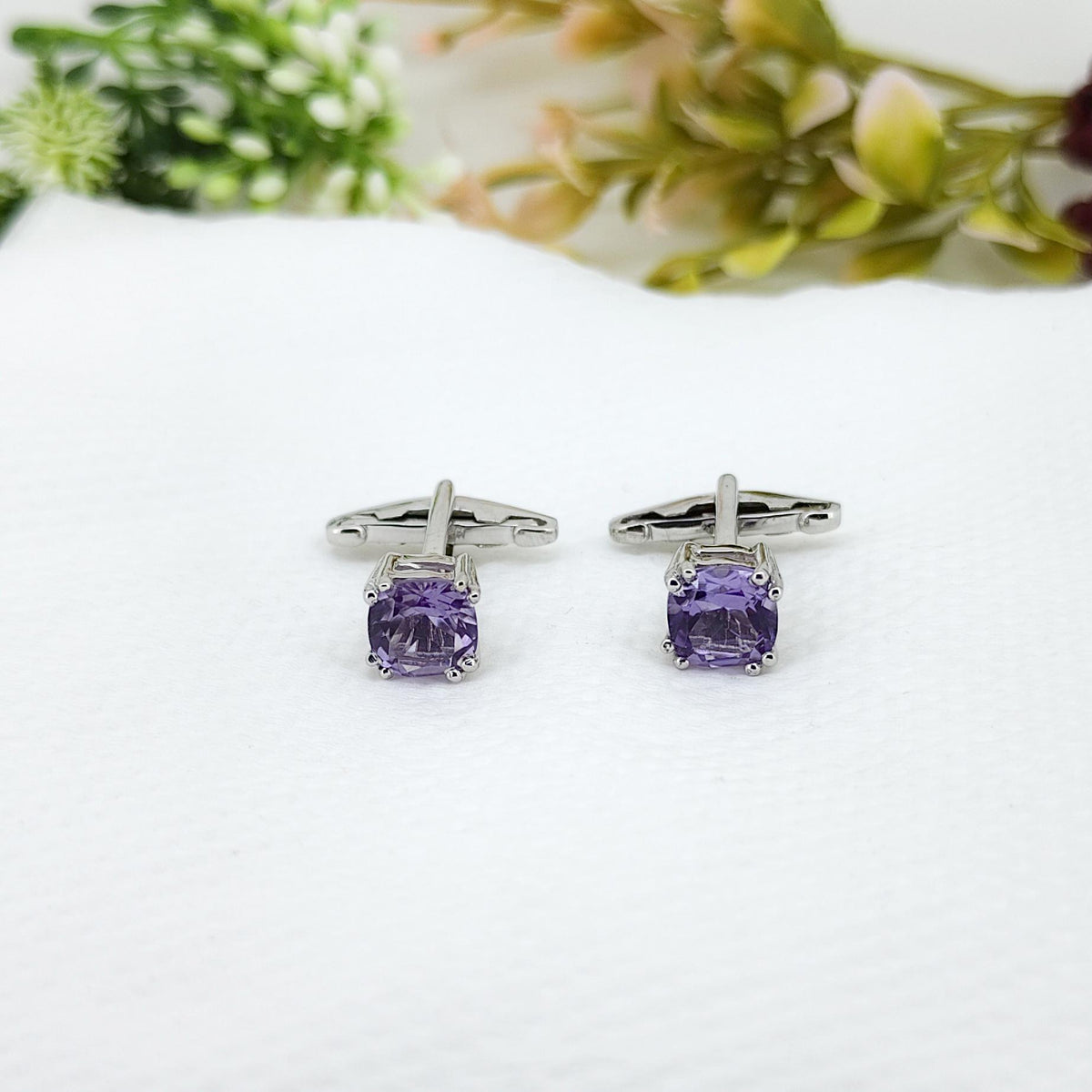 Purple Amethyst Sterling Silver Cufflinks, Cushion Cut Gemstone, February Birthstone, Groom Gift