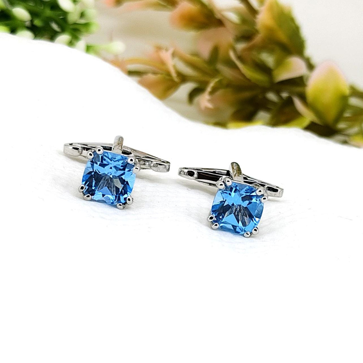 Minimalist Swiss Blue Topaz Cufflinks: Sterling Silver, December Birthstone, Formal Wear