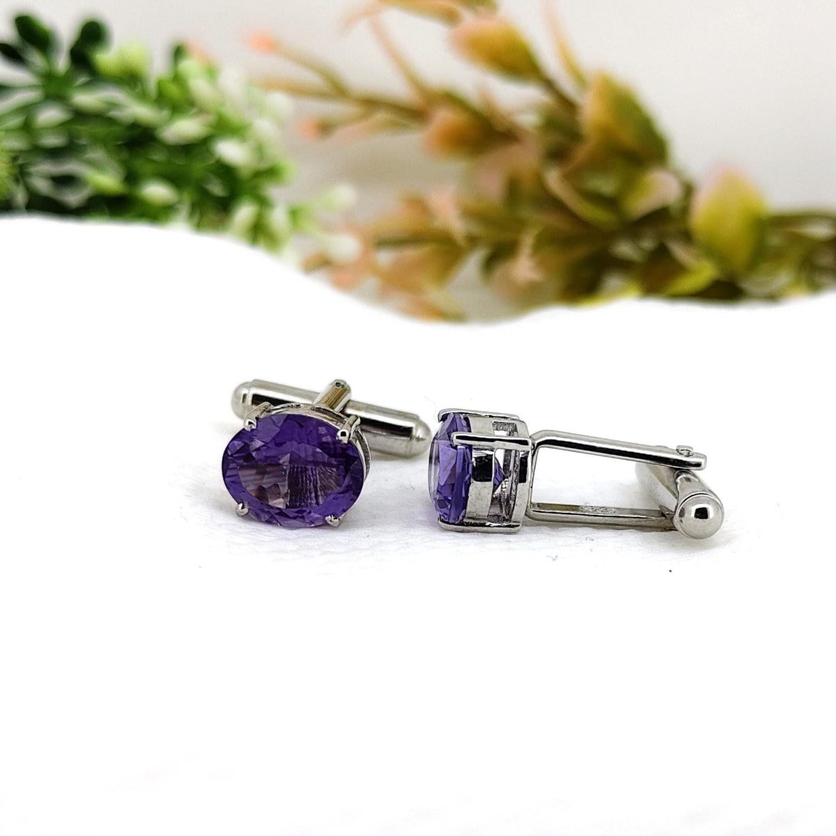 Amethyst Sterling Silver Cufflinks- Handmade Purple Oval Gemstone -February Birthstone- Gifts For Him