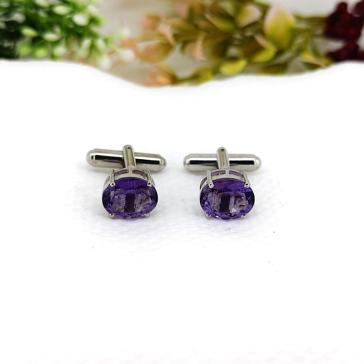 Amethyst Sterling Silver Cufflinks- Handmade Purple Oval Gemstone -February Birthstone- Gifts For Him