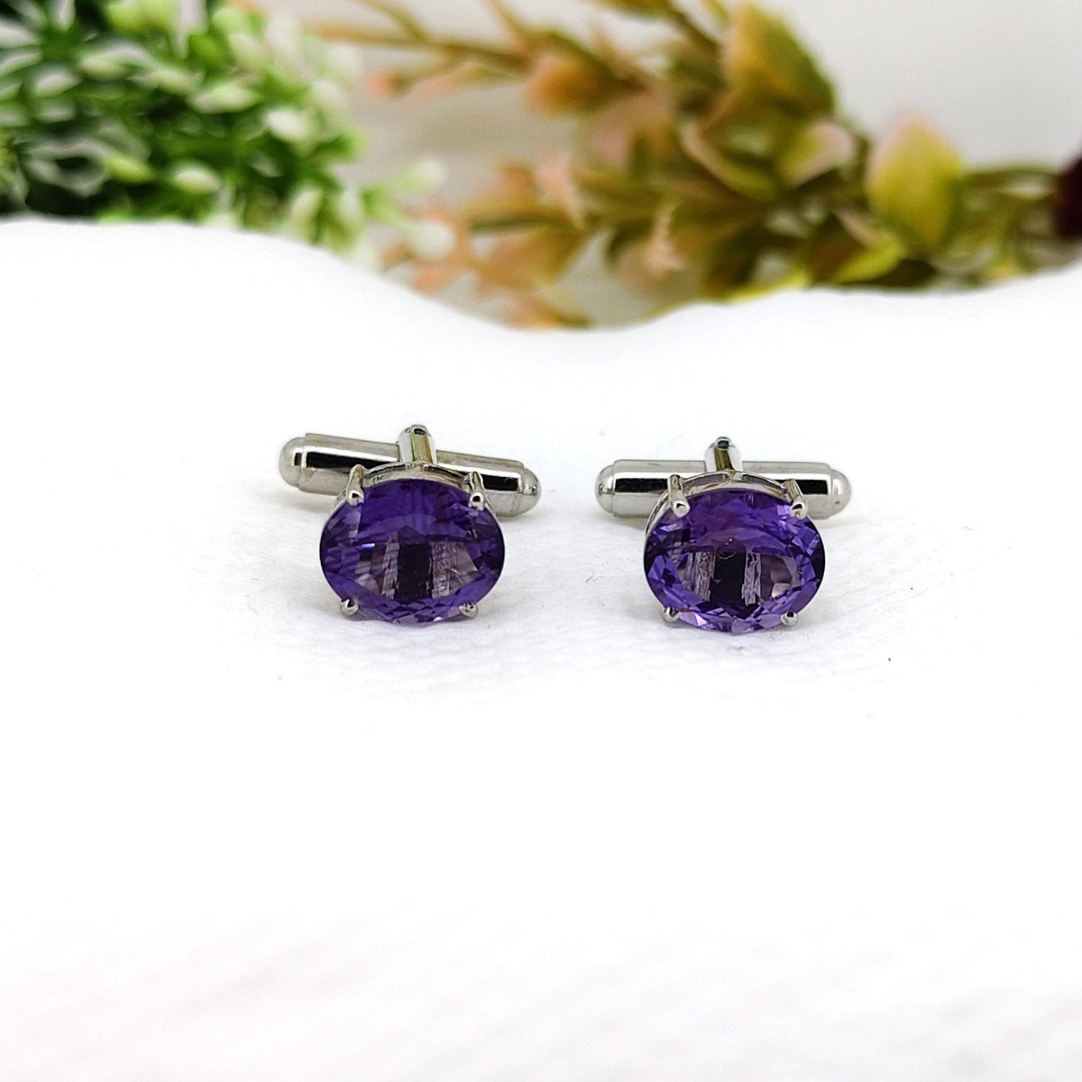 Amethyst Sterling Silver Cufflinks- Handmade Purple Oval Gemstone -February Birthstone- Gifts For Him