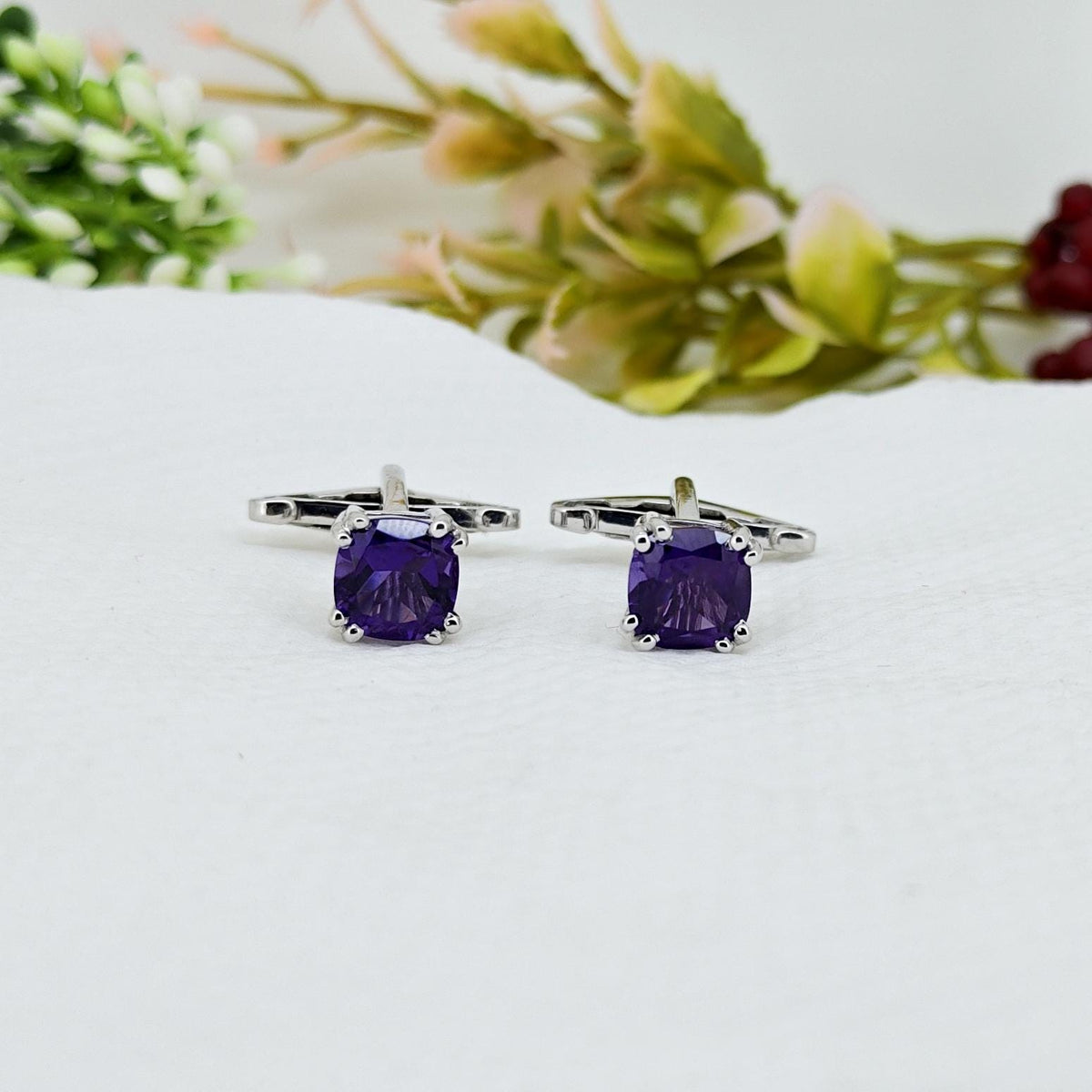 Handmade Amethyst Cufflinks-Sterling Silver Purple Gemstone -February Birthstone Formal Wear Cufflinks