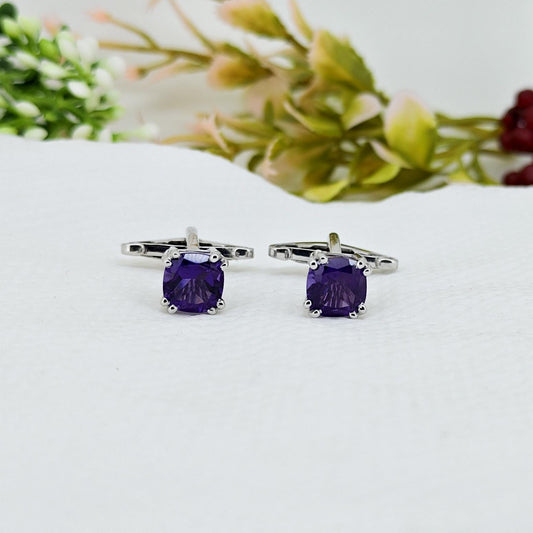 Handmade Amethyst Cufflinks-Sterling Silver Purple Gemstone -February Birthstone Formal Wear Cufflinks