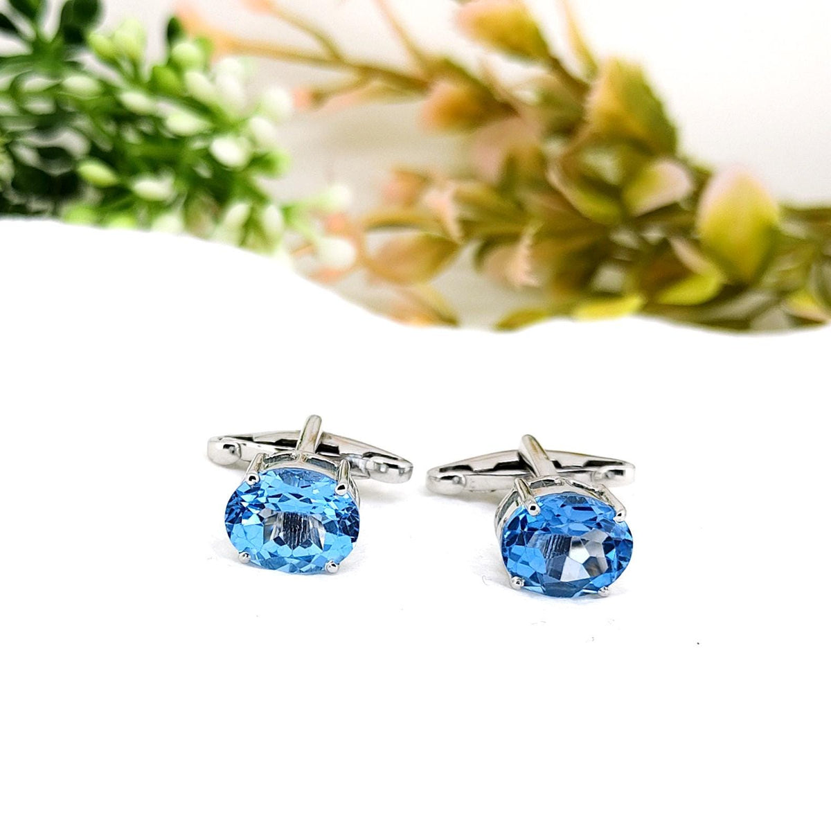 Handmade Swiss Blue Topaz Cufflinks, Sterling Silver Oval Gemstone