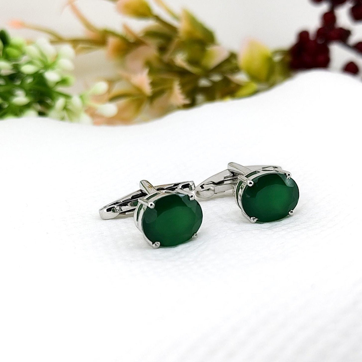 Green Onyx Cufflinks Sterling Silver, May Birthstone Gift for Him, Handmade Oval Men's
