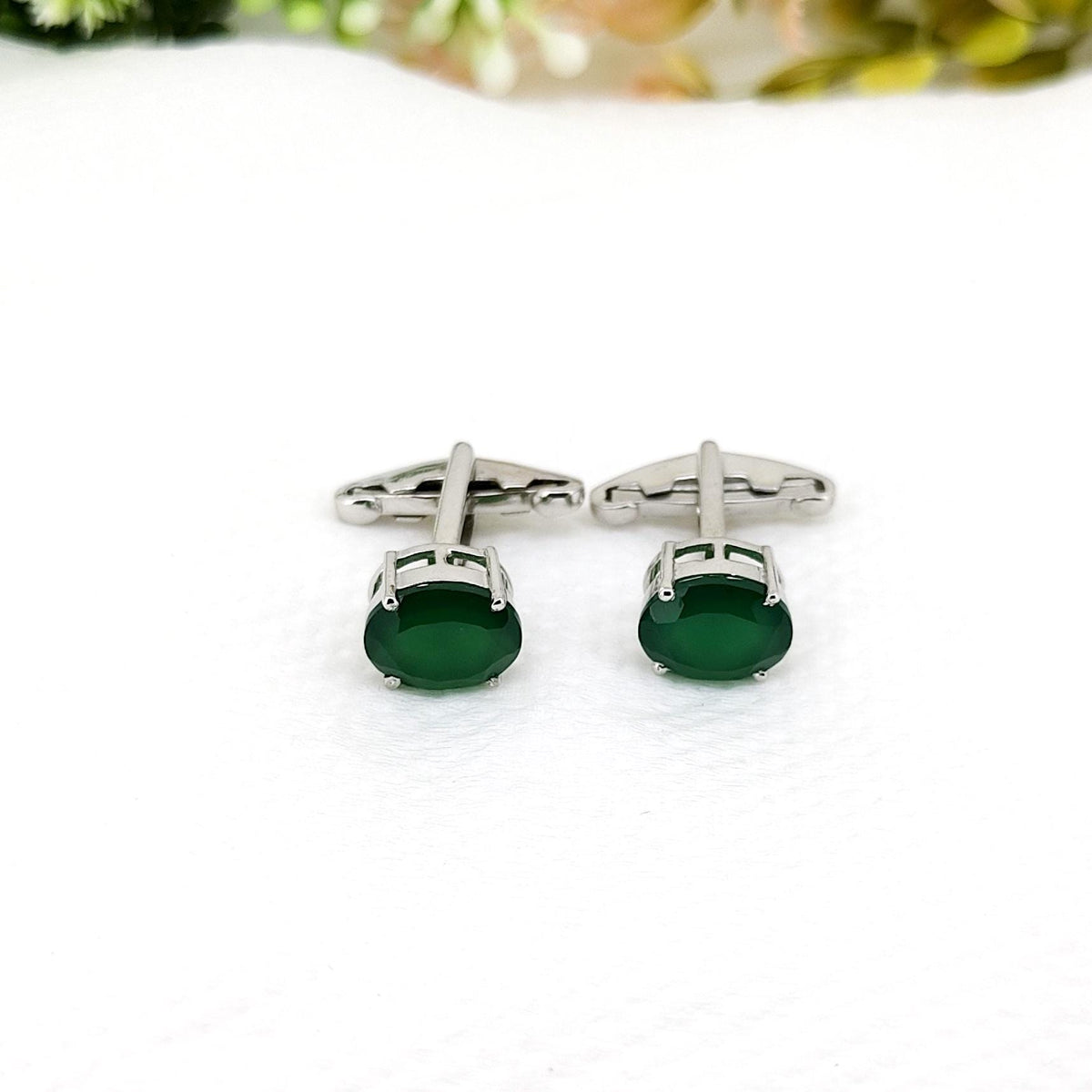 Green Onyx Cufflinks Sterling Silver, May Birthstone Gift for Him, Handmade Oval Men's