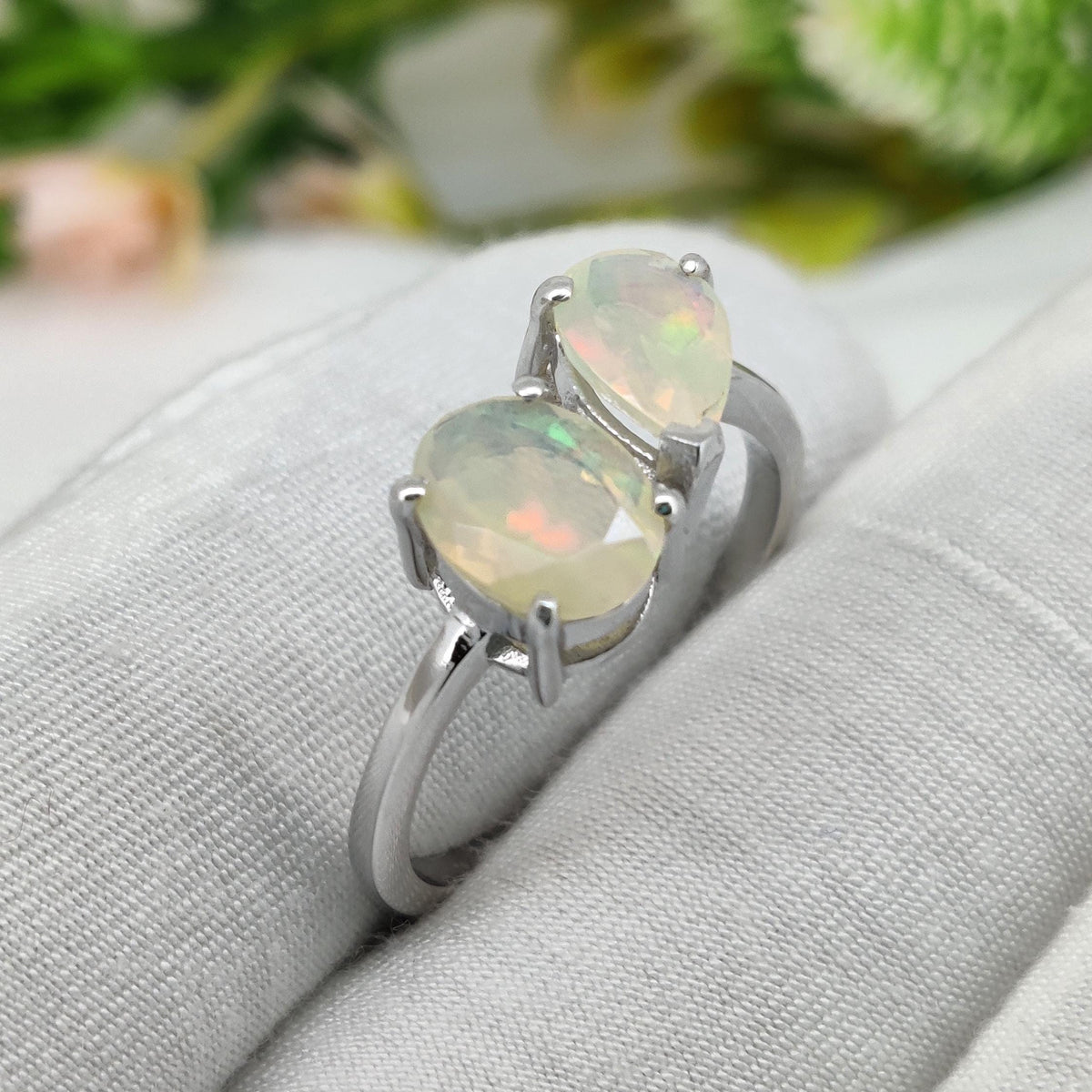 Ethiopian Opal Two Stone Ring, 925 Sterling Silver, October Birthstone