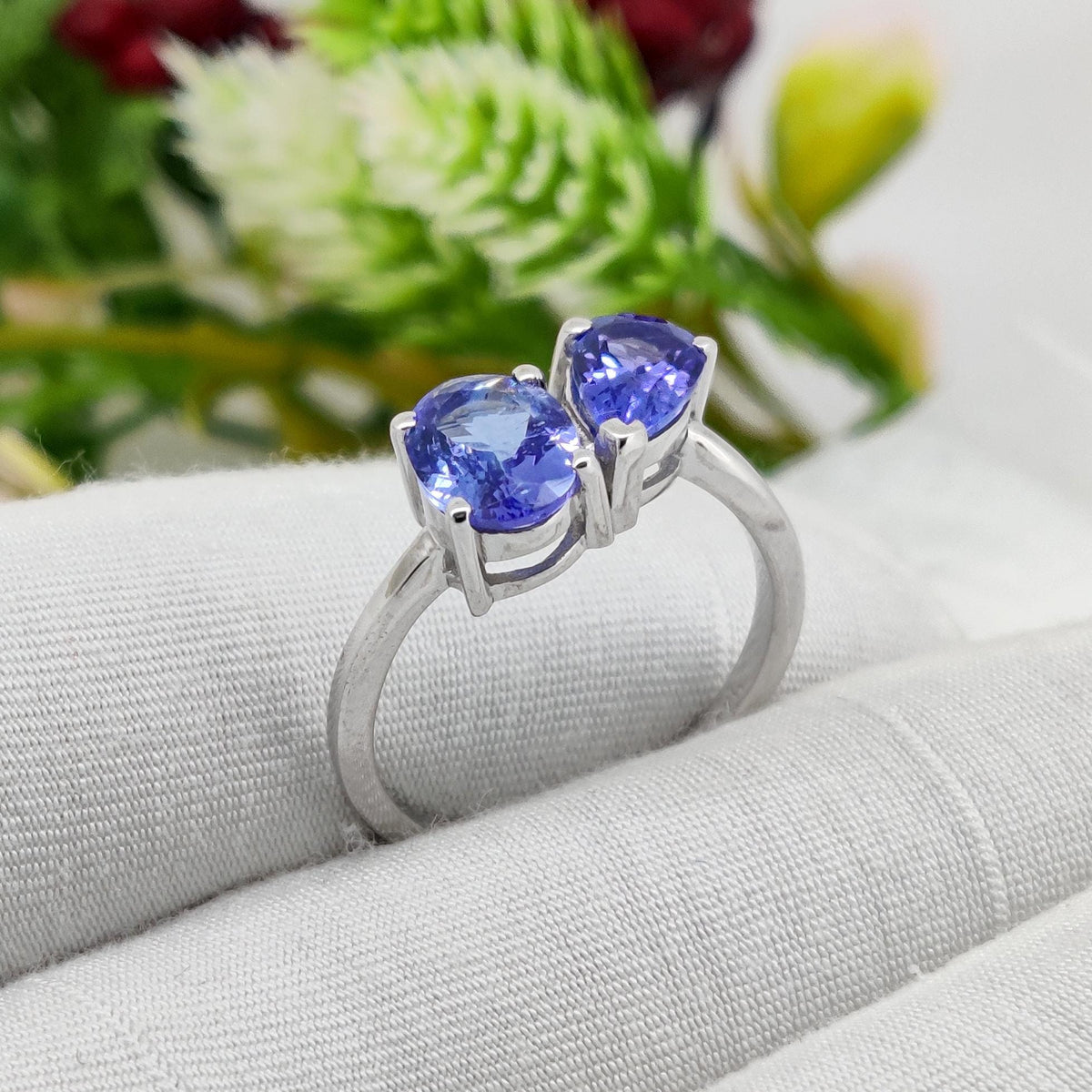 Natural Tanzanite Two Stone Ring, 925 Sterling Silver, December Birthstone