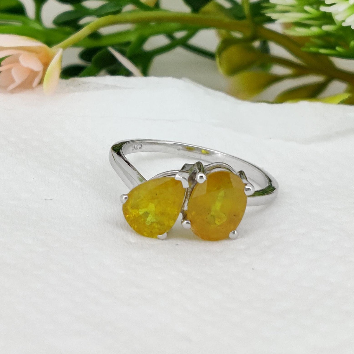 Yellow Sapphire Ring, 925 Sterling Silver Two Stone Ring, September Birthstone
