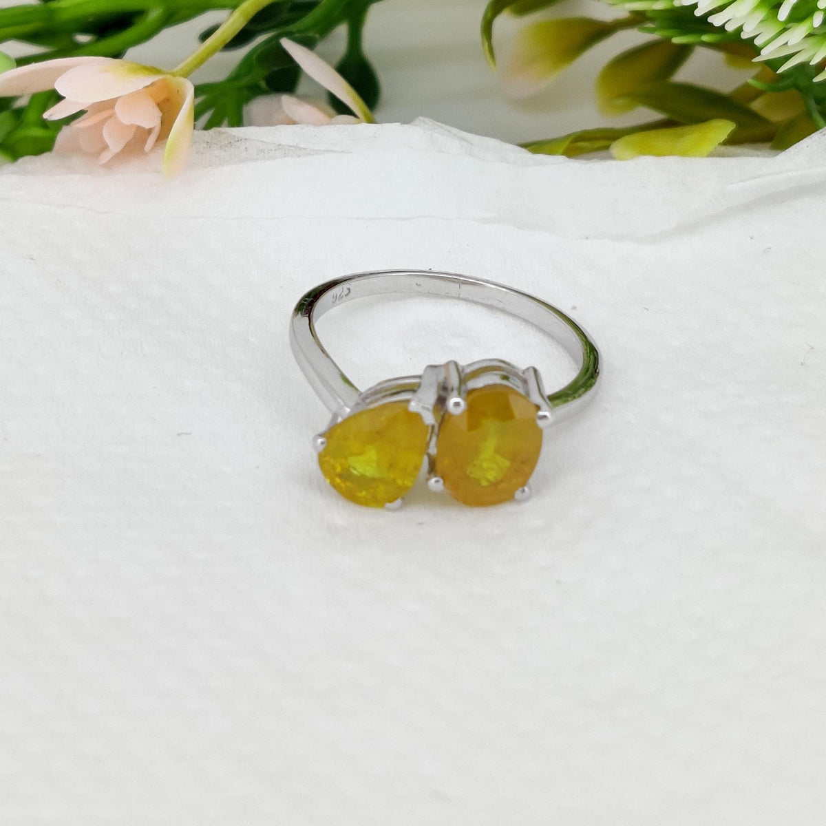 Yellow Sapphire Ring, 925 Sterling Silver Two Stone Ring, September Birthstone