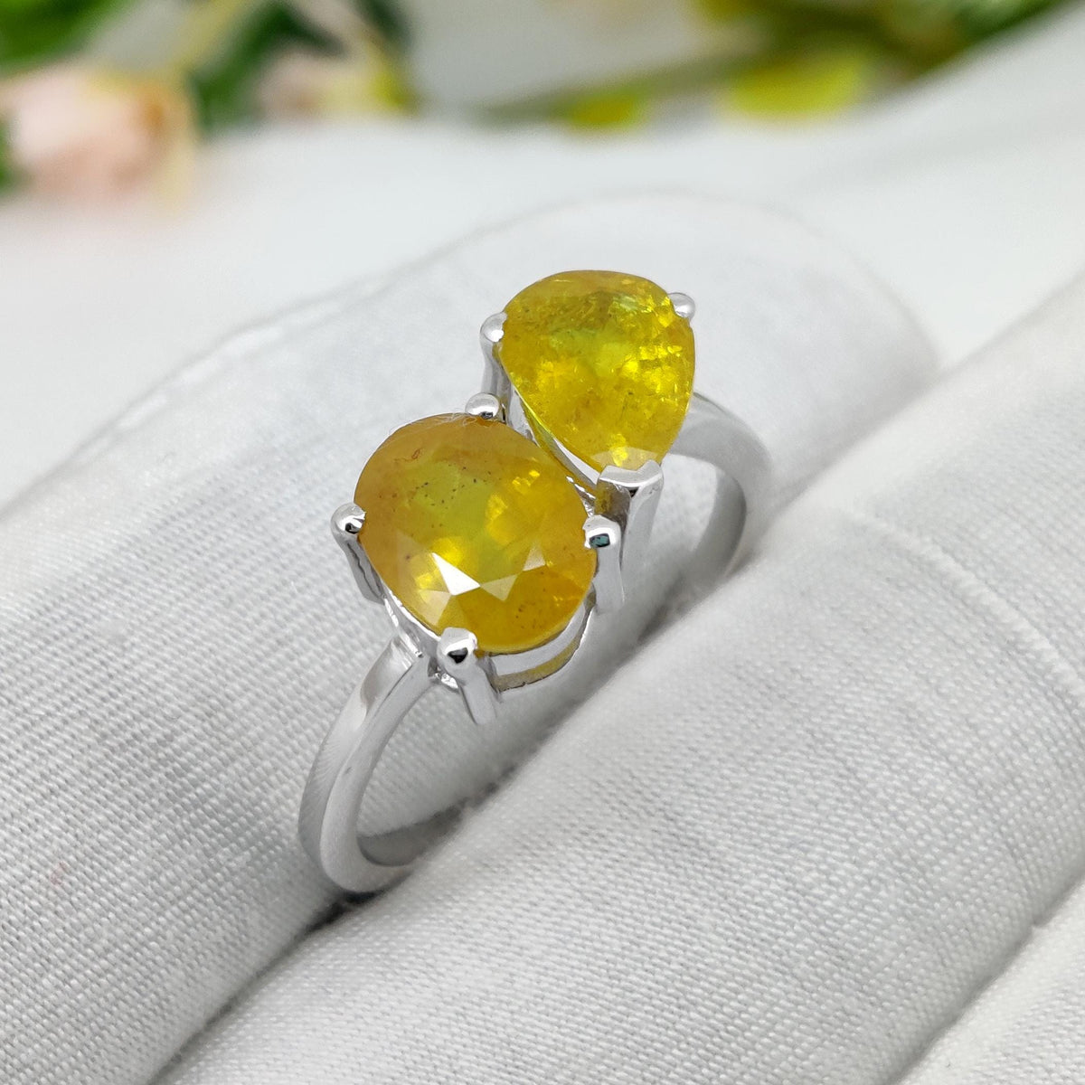 Yellow Sapphire Ring, 925 Sterling Silver Two Stone Ring, September Birthstone