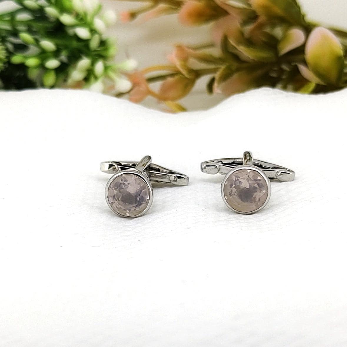 Rose Quartz Sterling Silver Cufflinks, Handmade Gemstone Anniversary Gift for Husband