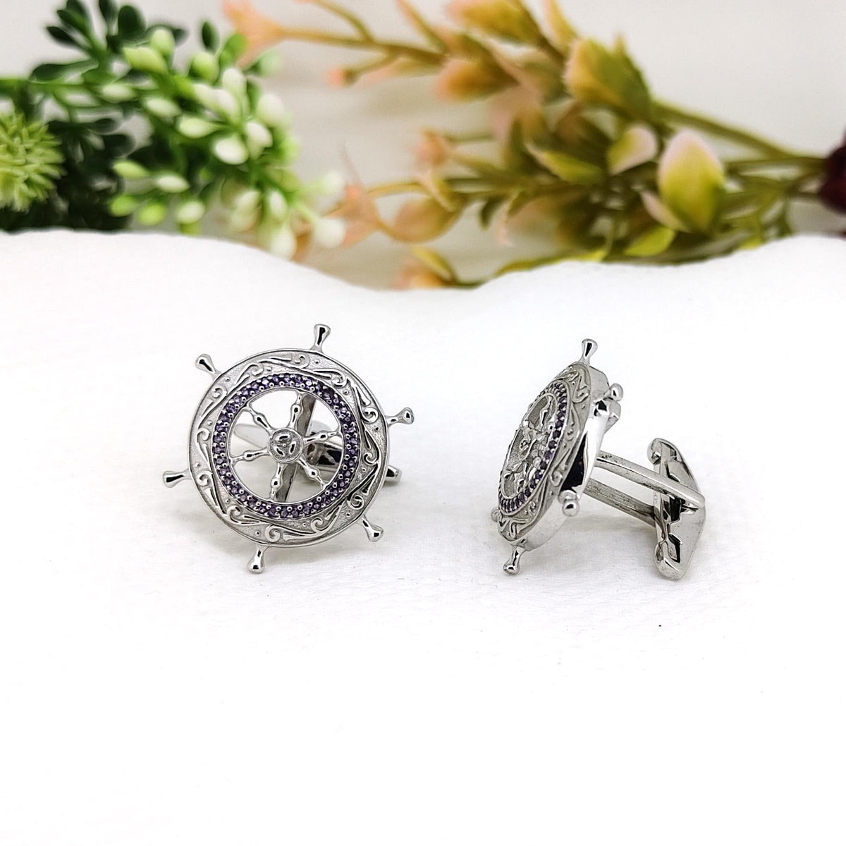 Handmade Sterling Silver Amethyst Cufflinks Nautical Ship Wheel February Birthstone