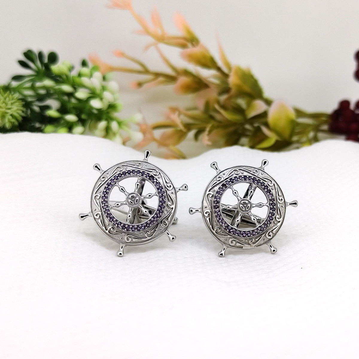 Handmade Sterling Silver Amethyst Cufflinks Nautical Ship Wheel February Birthstone