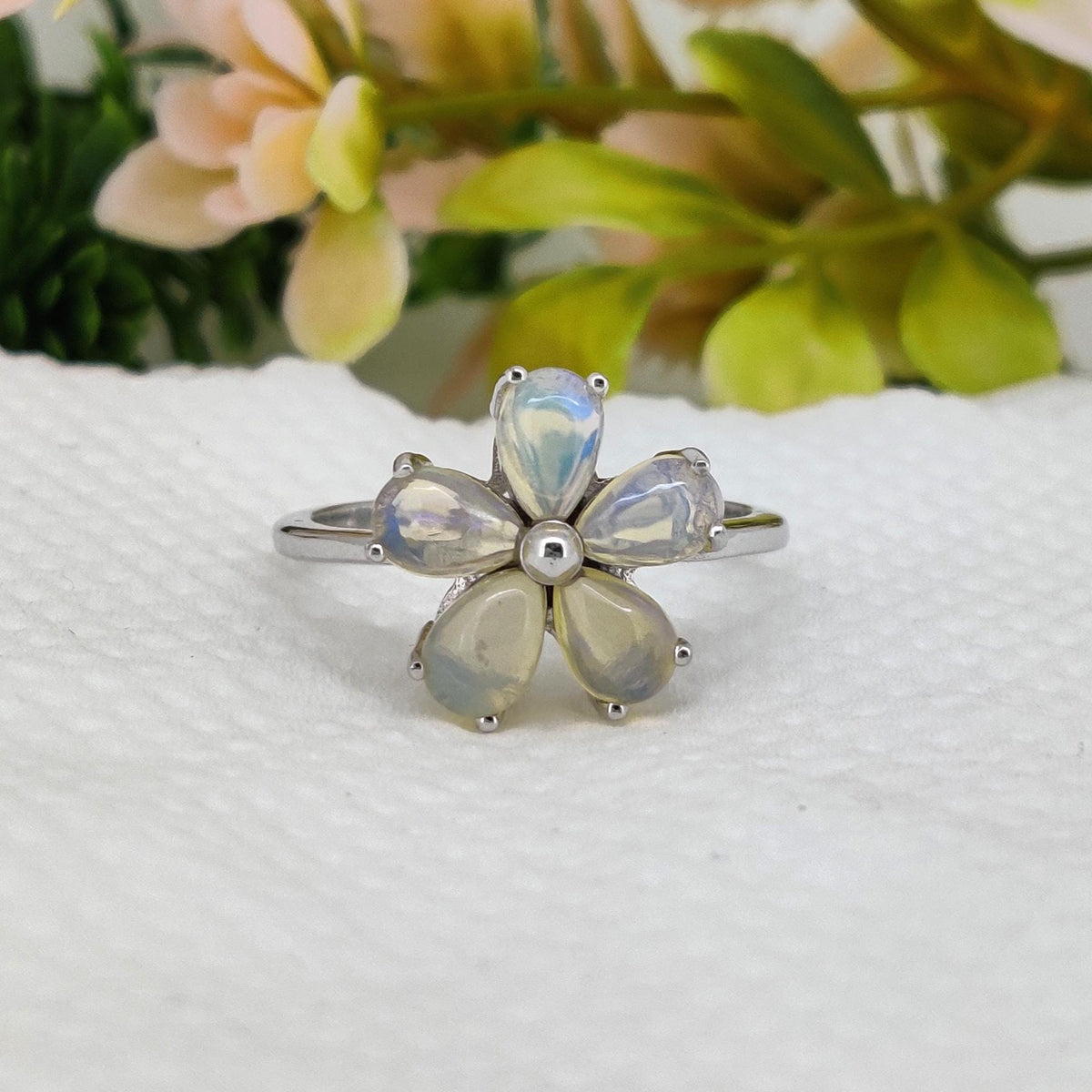 Ethiopian Opal Flower Ring, 925 Sterling Silver, October Birthstone, Handmade Cabochon Jewelry