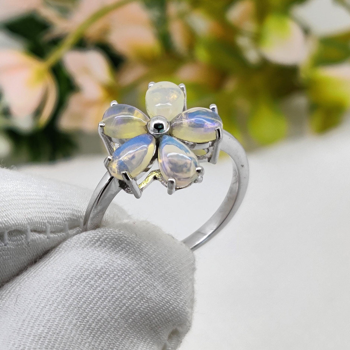 Ethiopian Opal Flower Ring, 925 Sterling Silver, October Birthstone, Handmade Cabochon Jewelry
