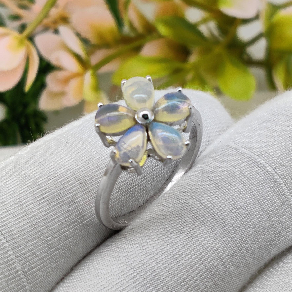 Ethiopian Opal Flower Ring, 925 Sterling Silver, October Birthstone, Handmade Cabochon Jewelry