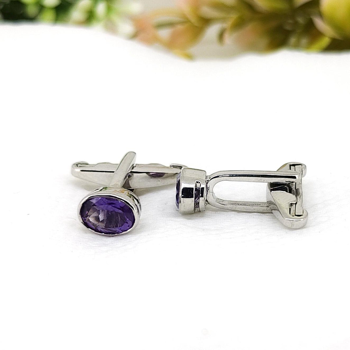 Amethyst Cufflinks- Handmade Sterling Silver, Purple Oval Gemstone -February Birthstone- Gifts For Her