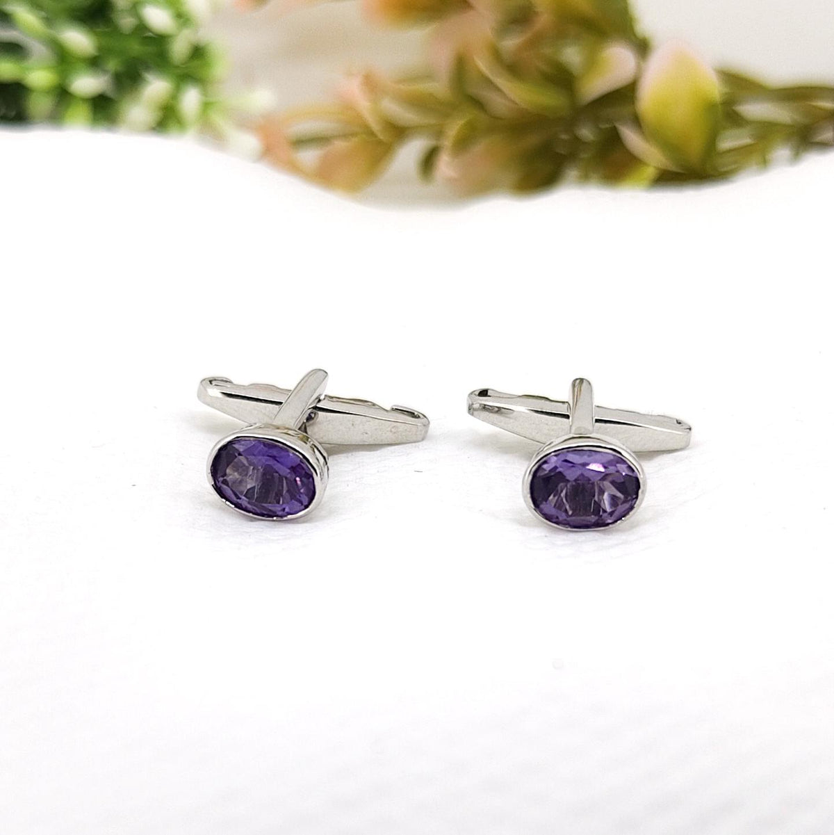 Amethyst Cufflinks- Handmade Sterling Silver, Purple Oval Gemstone -February Birthstone- Gifts For Her