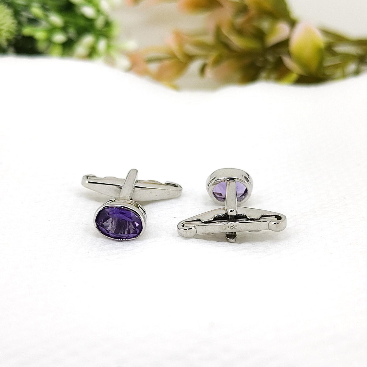 Amethyst Cufflinks- Handmade Sterling Silver, Purple Oval Gemstone -February Birthstone- Gifts For Her