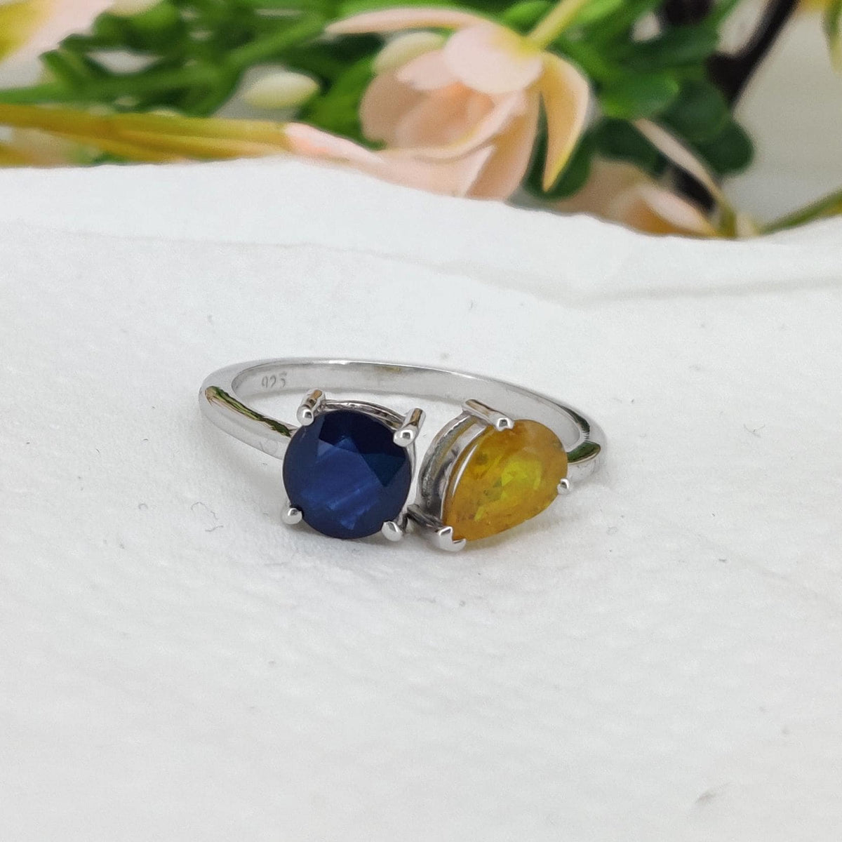 Handmade Multi Sapphire Sterling Silver Ring, Unique Two Stone Wedding Band