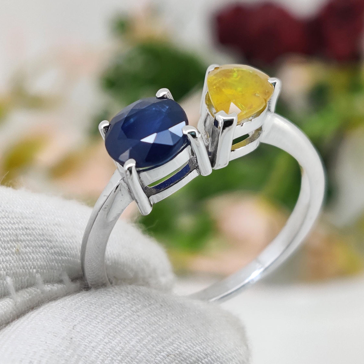 Handmade Multi Sapphire Sterling Silver Ring, Unique Two Stone Wedding Band