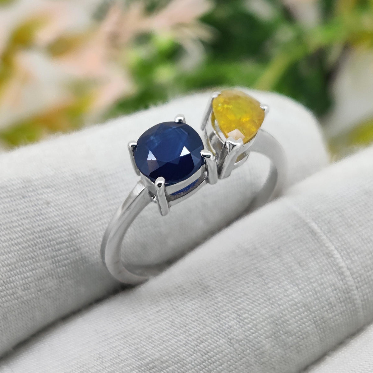 Handmade Multi Sapphire Sterling Silver Ring, Unique Two Stone Wedding Band