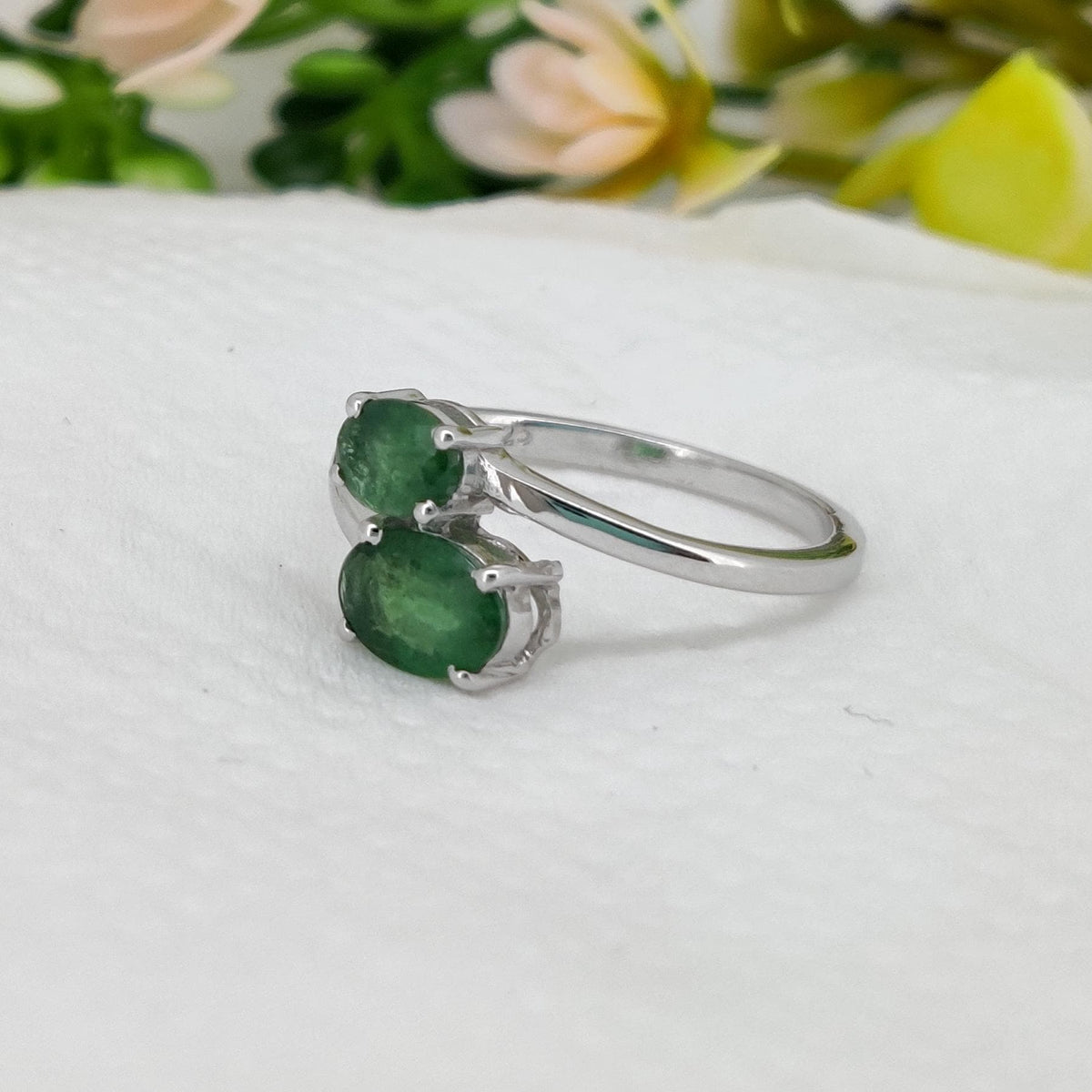 Natural Emerald Sterling Silver Double Stone Ring, May Birthstone Jewelry