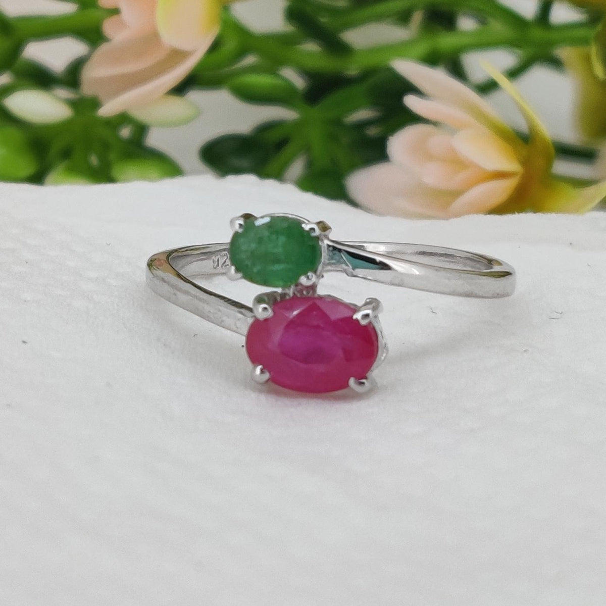 Oval Ruby Emerald Sterling Silver Two Stone Ring, July May Birthstone Jewelry