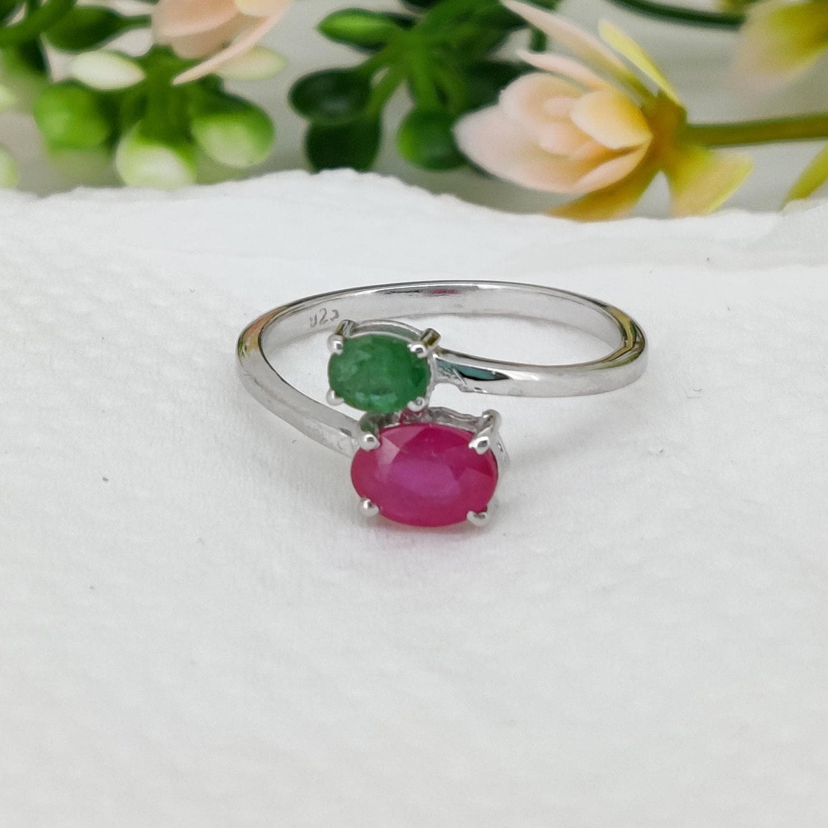 Oval Ruby Emerald Sterling Silver Two Stone Ring, July May Birthstone Jewelry